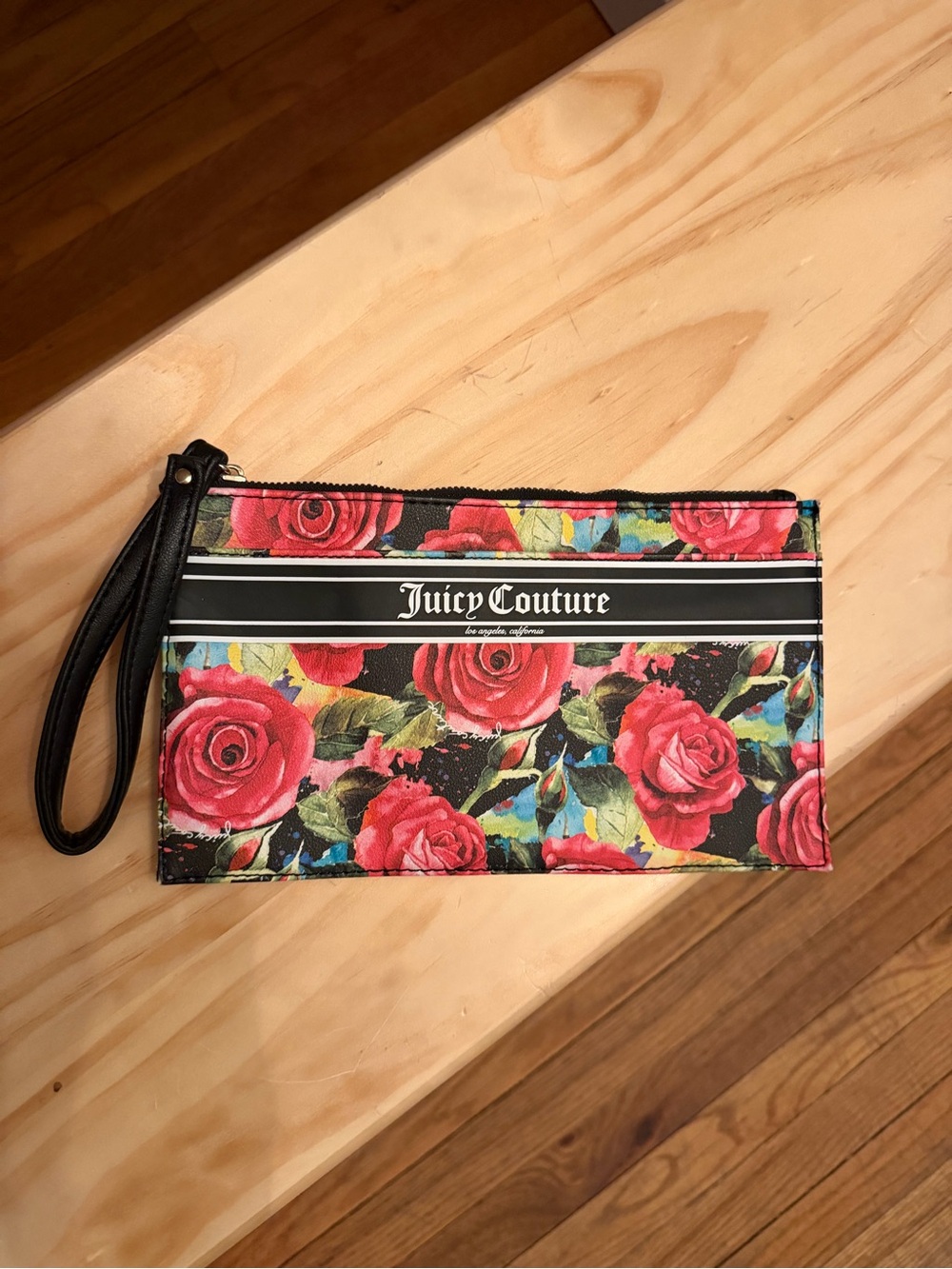 Juicy Couture Black Multi Rose Gothic Logo Stripe Wristlet NWOT - Picture 2 of 7